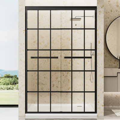 44-48" W X 72" H Matte Black Aluminum Frame Double Sliding Shower Door, 1/4" (6Mm) Clear Tempered Glass With Nano Self-Cleaning Coating, Dual Stainless Steel Handles