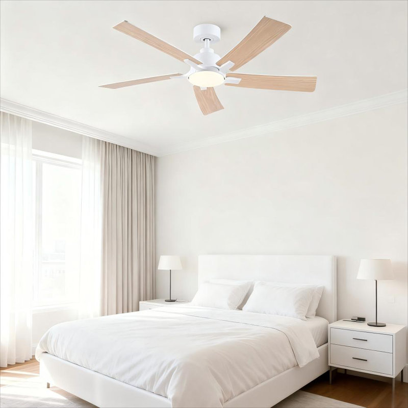 Modern 52" Indoor Matte White Downrod Mount Ceiling Fan with Integrated LED, Remote and  5 Two-Tone Blades, 52", White