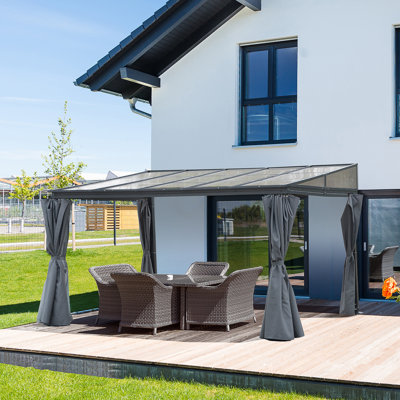 4 X 3m Grey Lean To Aluminium Pergola, Outdoor Hardtop Gazebo With Polycarbonate Sloped Roof And Adjustable Privacy Curtains For Garden Patio Wall Mounted Shelter