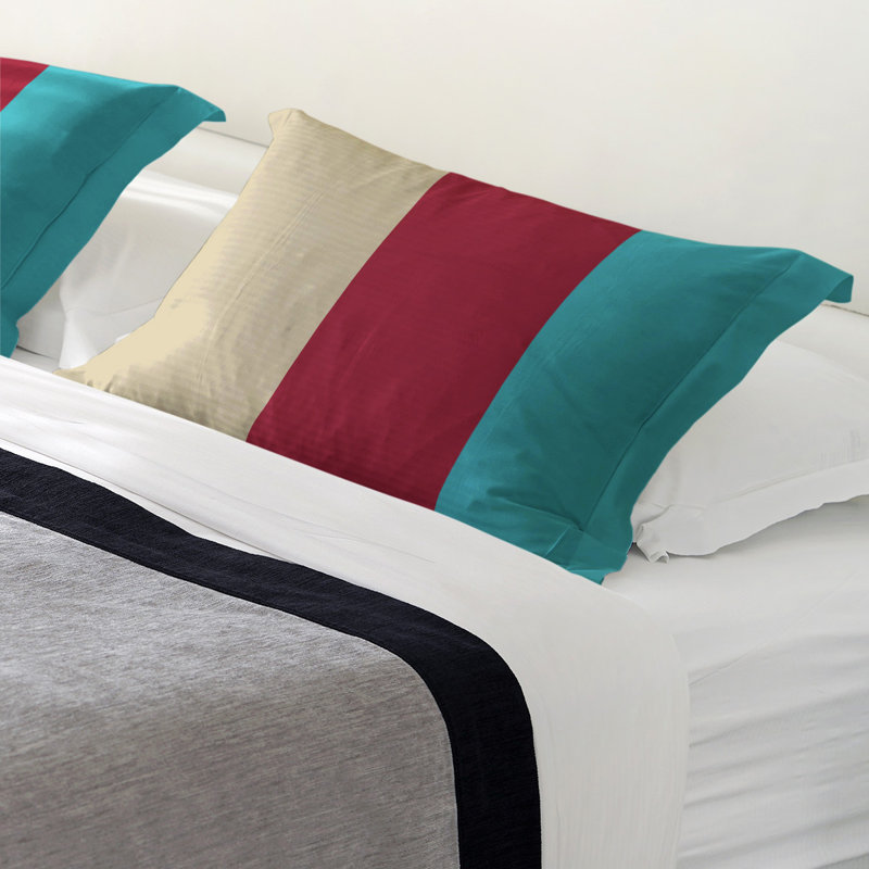 Polyester Striped Sham Set, Brushed Polyester, Standard, Beige/Red/Teal