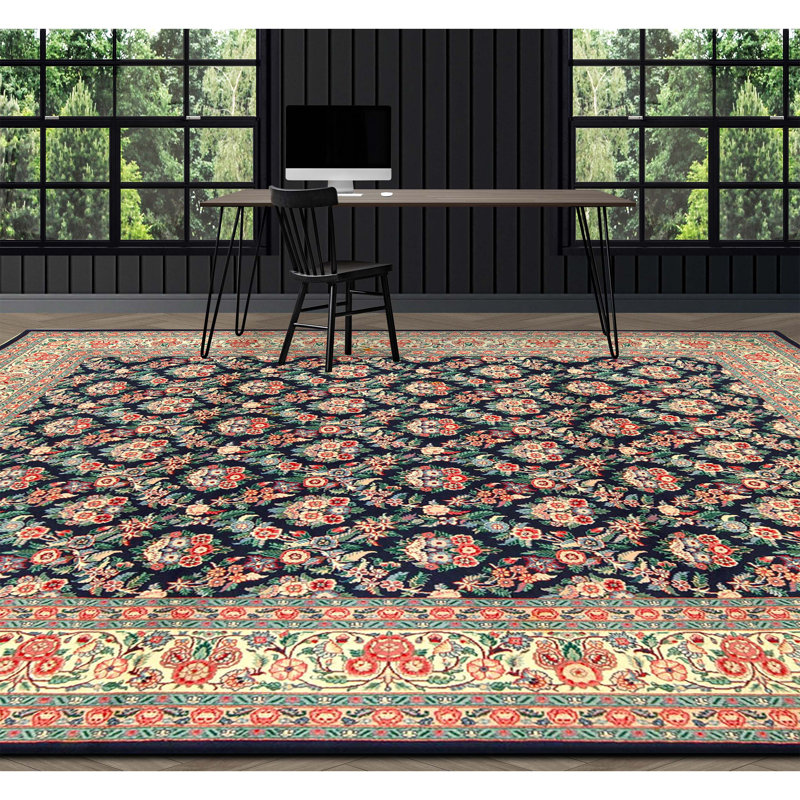 Hand Knotted Wool Oriental Area Rug in Navy And Ivory