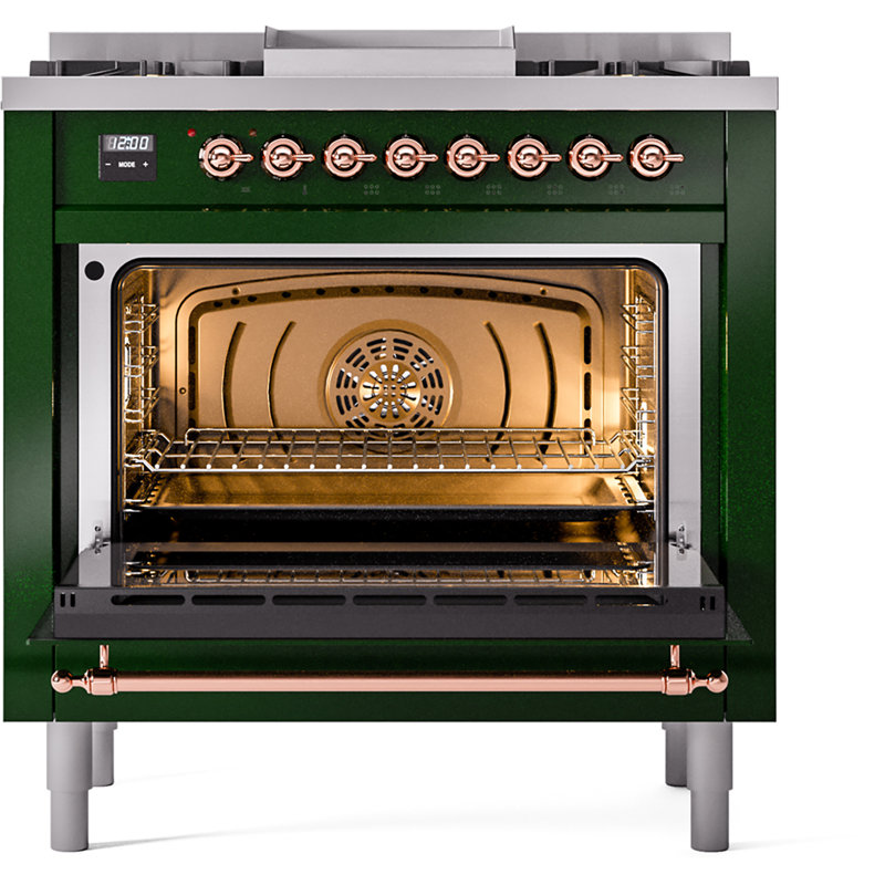 ILVE Nostalgie II 36 Dual Fuel Range, knobs, Emerald Green/Copper, Liquid Propane