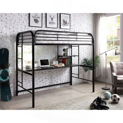 Échelle attachée à structure noire en métal de style contemporain avec lit simple et dessous de lit et poste de travail avec garde-corps