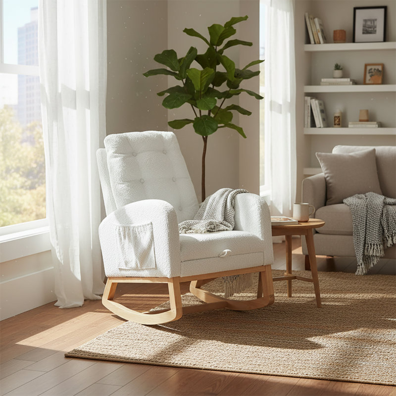 Chaise berçante classique rembourrée avec repose-pieds réglables, Blanc