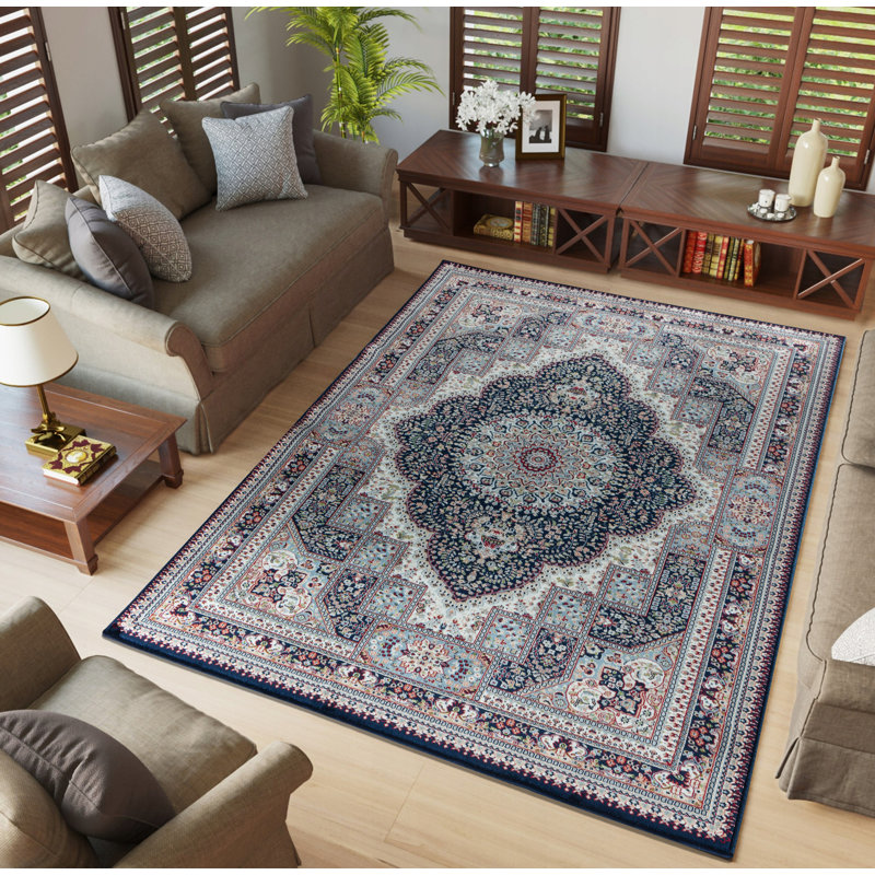 Prime Traditional Navy Blue Machine Made Area Rug, Rectangle 8'1" x 10'5"