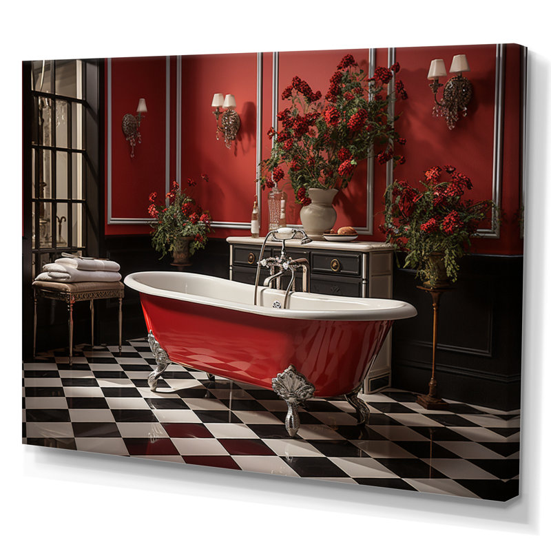 «Red Modern Bathroom Charm IV - Laundry», reproduction d'art sur toile, H 16 po x l 32 po x P 1 po, Toile tendue