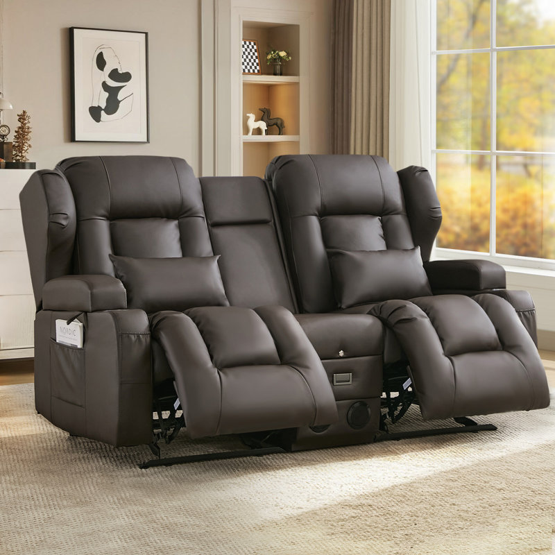 3-Seater Reclining Sofa With Flip-Down Console, Cup Holders, Charging Ports, Storage Drawer & Bluetooth Speakers, Brown