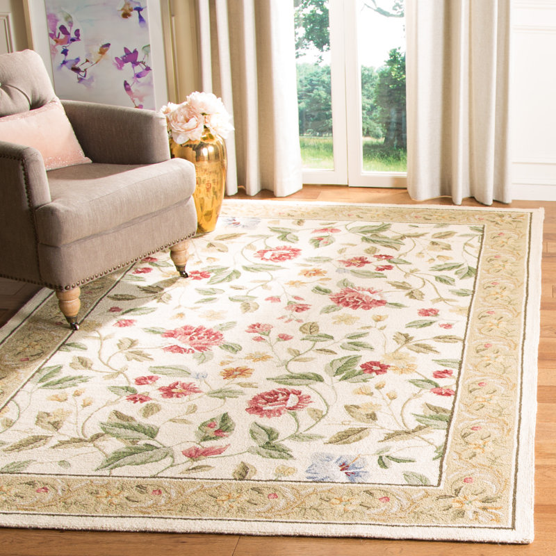 Hollander Floral Handmade Looped Ivory/ Beige Indoor Area Rug, Rectangle 6' x 9'