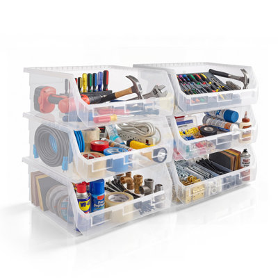 Sorbus 6 Pack Extra Large Open Front Stackable Garage Storage Bin – Heavy Duty Plastic Organizer Tote for Tools, Hardware & Shelving