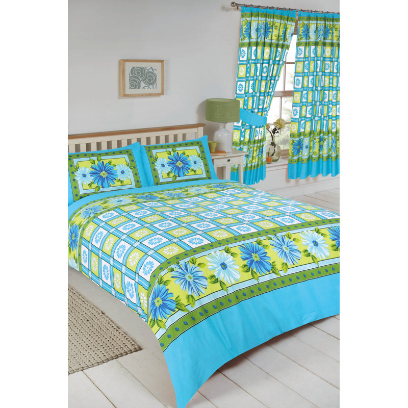 Daisy Check Rizo 132 TC Duvet Cover Set, Double Duvet Cover + 2 Standard Pillowcases, Azure