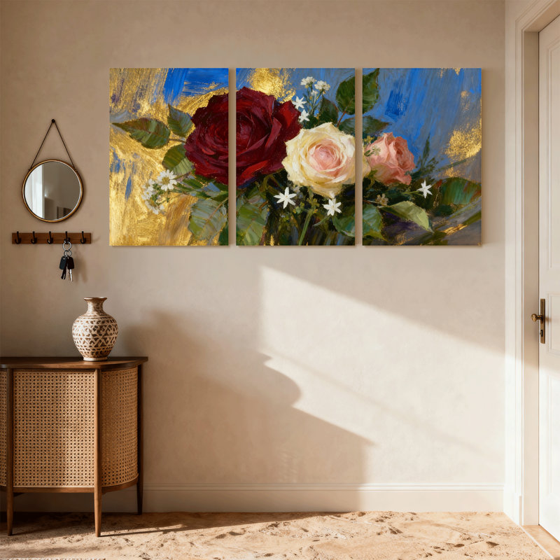 Bouquet de roses roses sur fond doré et bleu, ensemble de 3 impressions sur toile, H 18 po x l 36 po