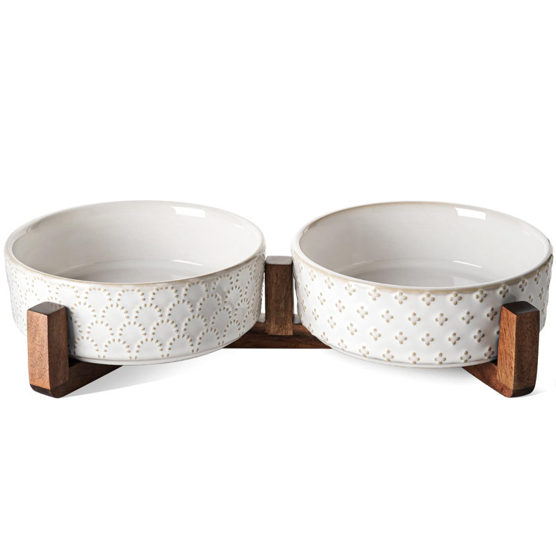 White Ceramic Pet Bowls with Acacia Wood Stand
