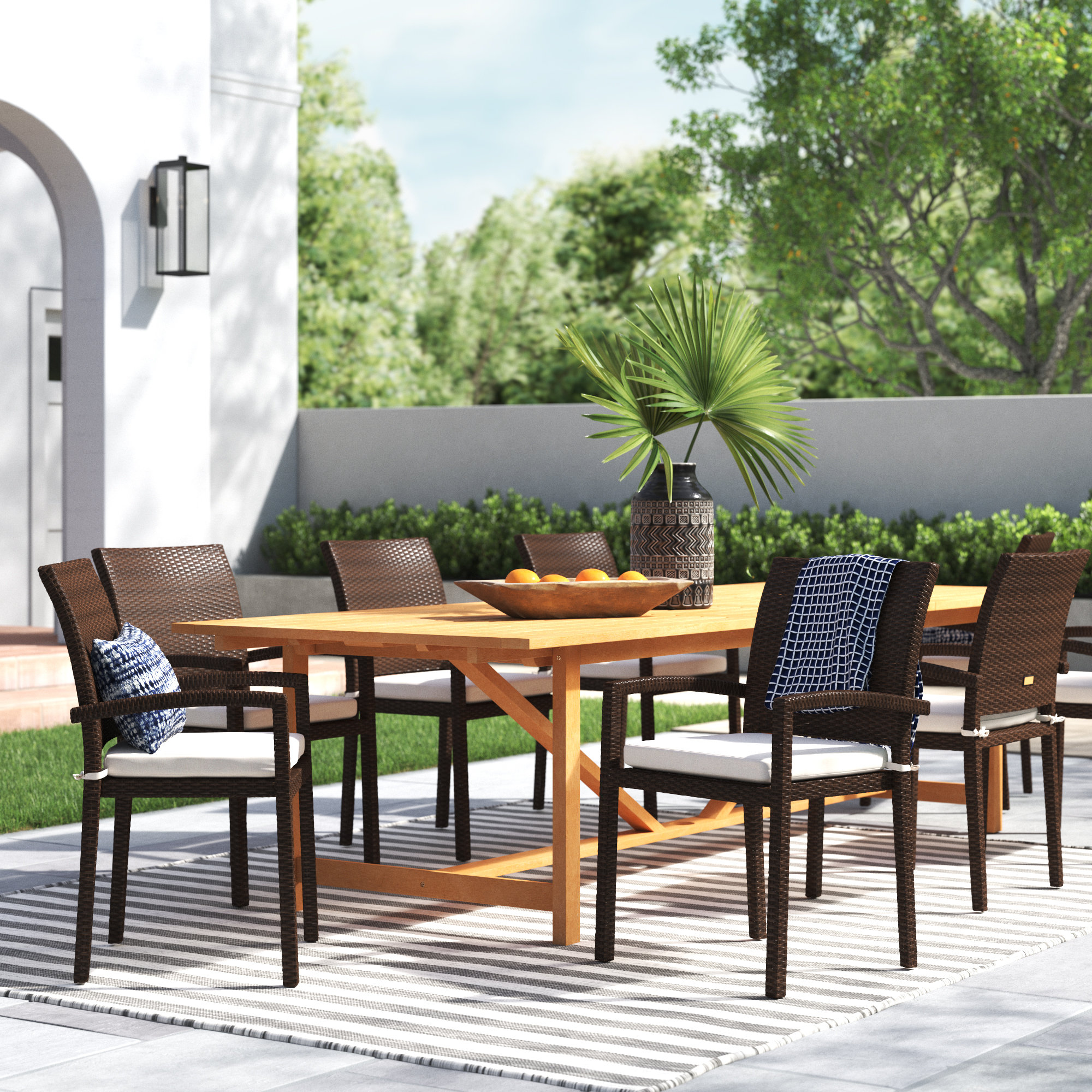 Alyisa 8 - Person Wicker Patio Dining Set with Rectangular Table , Cushions Included, Brown, Light Teak Finish