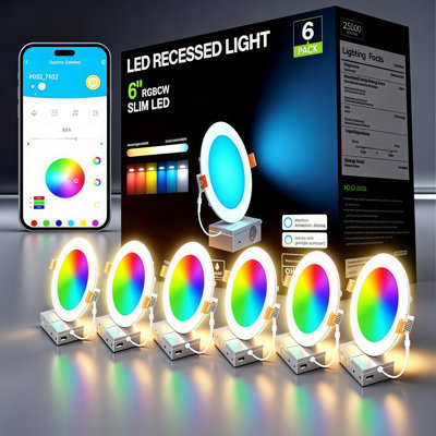 6 Inch Wi-Fi Bluetooth RGBWW Smart Recessed LED Downlight, Canless Ceiling Panel Light with Junction Box, 65 Scene Modes, 1100LM, 120V, 2700K-6500K Dimmable Night Light, Works with Alexa & Google Assistant, RA80 High CRI, 6 Pack