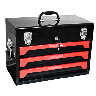20" Portable Metal Tool Box With 3 Drawers, Black&Red, Bearing Slide, Latch, Compact Storage Unit Drawer Steel In Portable, Practical Option