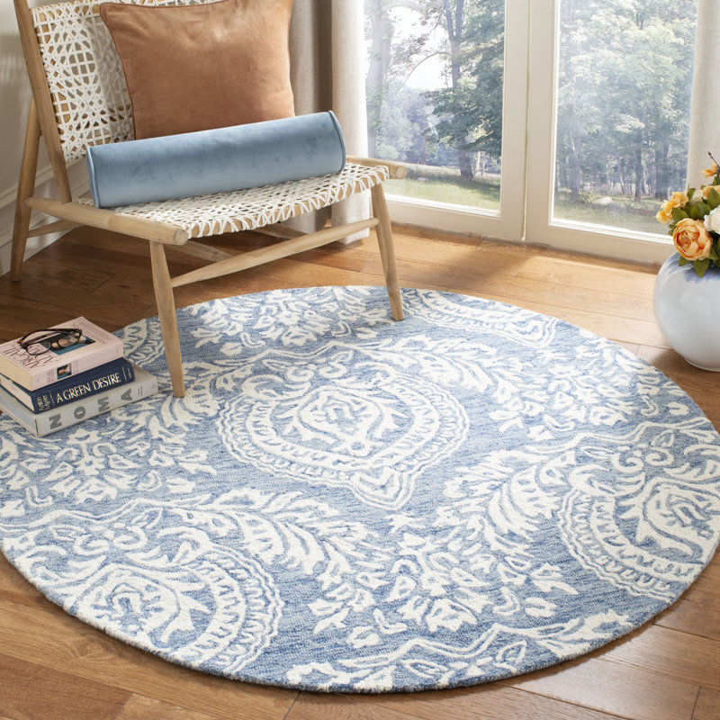 Tapis bleu / ivoire en laine touffeté à la main Jones Street, Rond 5 pi