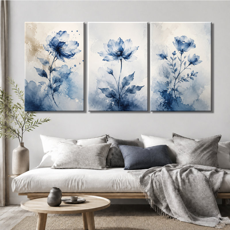 3 panneaux muraux, aquarelle et fleurs bleues, impression sur toile tendue pour le salon, 20 * 30 pouces * 3
