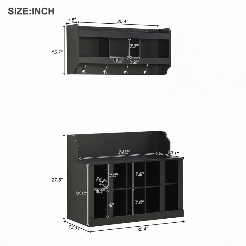Banc de rangement pour chaussures avec tablettes et 4 crochets