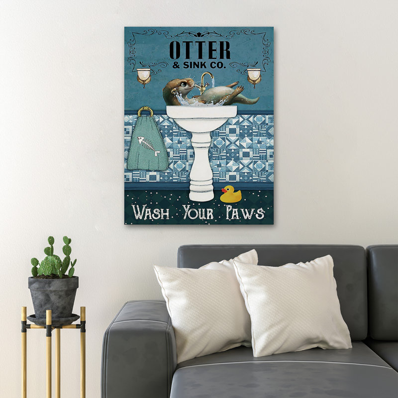 Loutre jouant dans un évier - Art textuel sur toile tendue, H 20 po x l 16 po x P 2 po