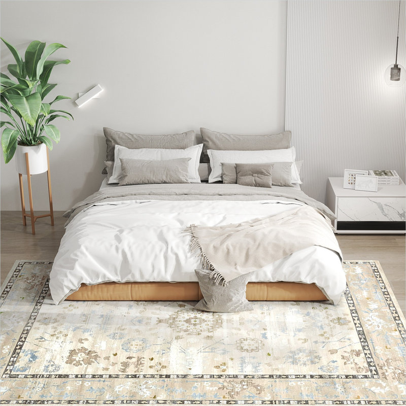 Tapis d'intérieur Boho, tapis bleu foncé lavable à la machine, molleton berbère moelleux, à poils courts 5 x 7, antidérapant, motif abstrait