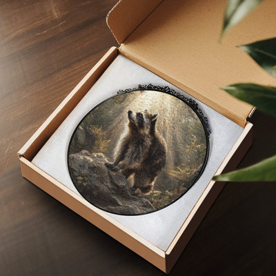 Sunlit Forest Raccoon on Rock Stained Glass Panels Suncatcher for Window Decor