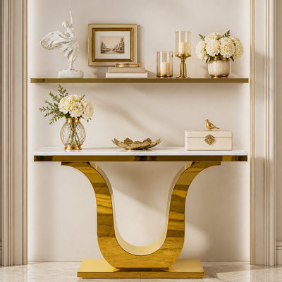 50" White And Gold Console Table With Polished U-Shaped Metal Base