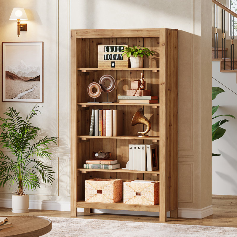 Rustic Solid Wood 5-Shelf Bookcase - Farmhouse Style Open Storage Shelving Unit For Living Room/Office