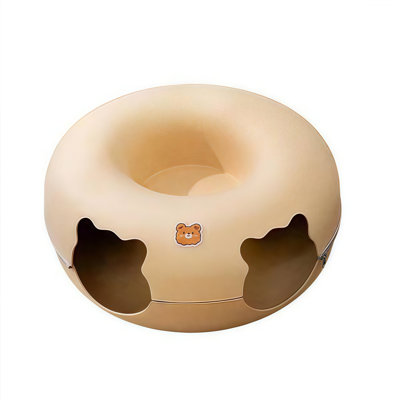 Beige Bear Decor Donut Felt Cat Tunnel Bed, 2-in-1 Semi-Enclosed Interactive Cat Cave Hideaway with Removable Washable Design, Foldable All-Season Cat House for Indoor Cats & Small Pets