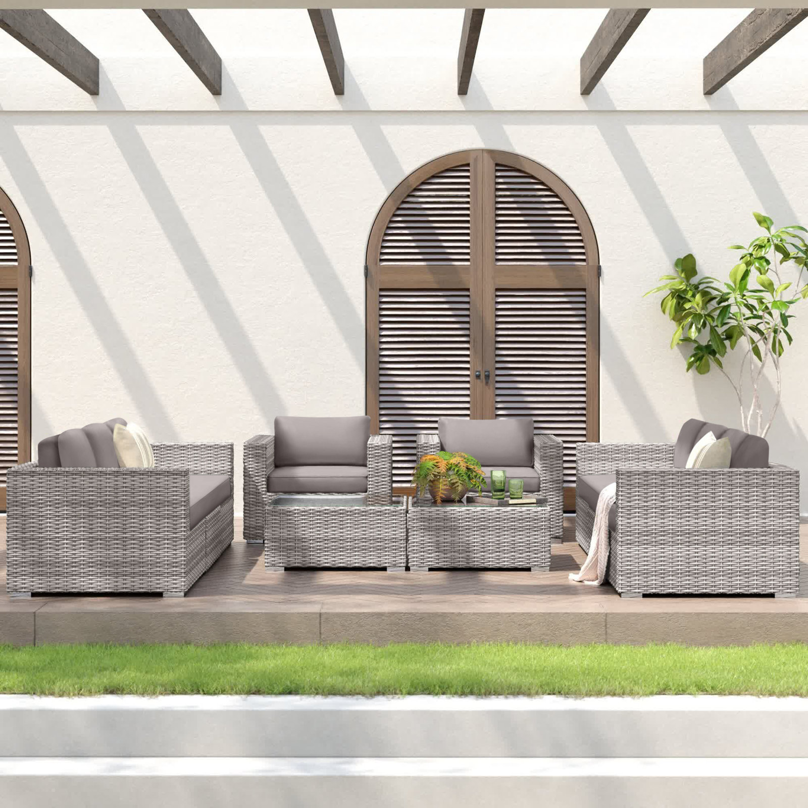 Franke Wicker 8 Person Seating Group, Canvas Taupe Sunbrella® Canvas, Mixed Gray