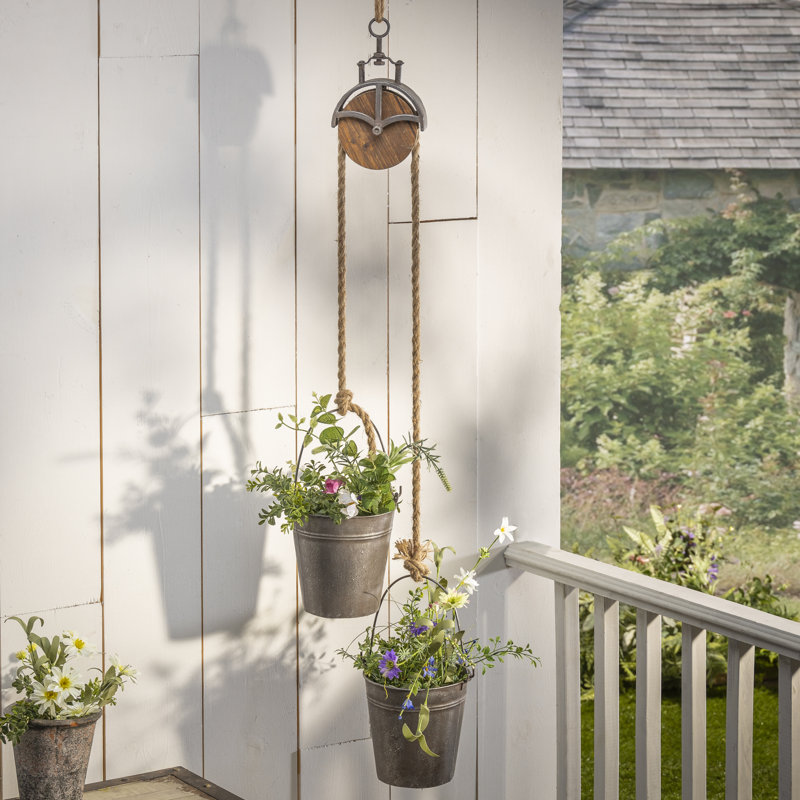 44.5-Inch Industrial Metal Pulley Planter – Hanging Rustic Double Bucket Display with Rope and Wood Accents