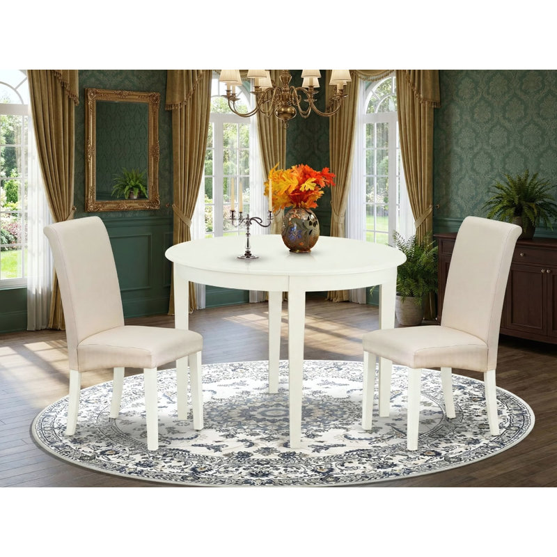 3 Piece Kitchen Table & Chairs Set Contains a Round Dining Room Table and 2 Cream Linen Fabric Upholstered Parson Chairs, Linen White