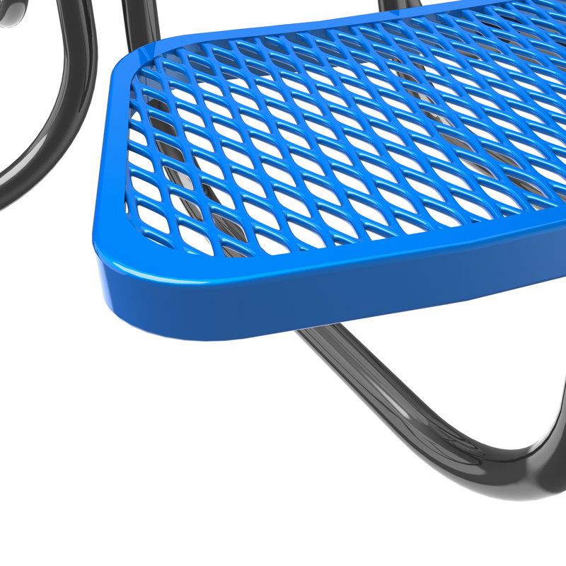 Ensemble de table et chaises d'extérieur bleu rond avec structure en maille d'acier, trou de parasol, finition résistante aux intempéries