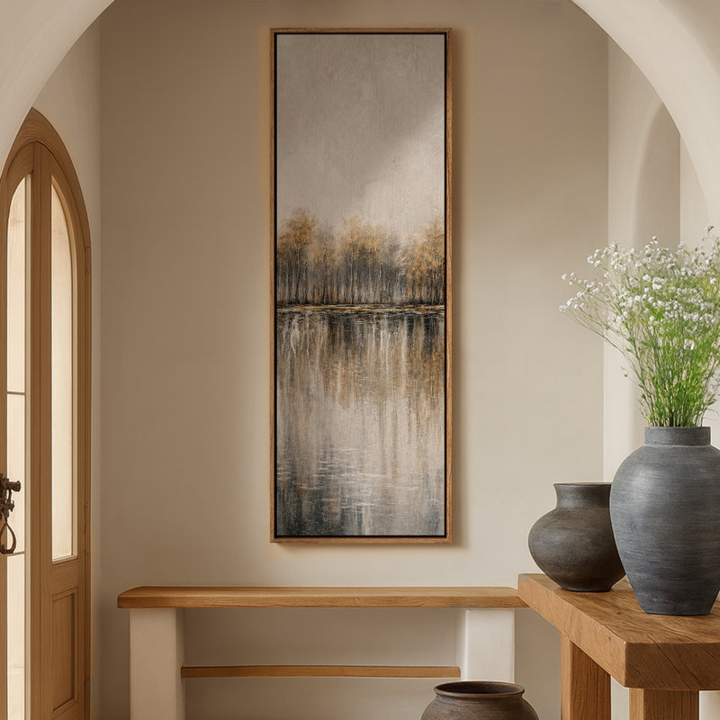 Art mural très grand, impression de forêt neutre neutre avec grands arbres et eau calme, H 20 po x l 60 po, Natural