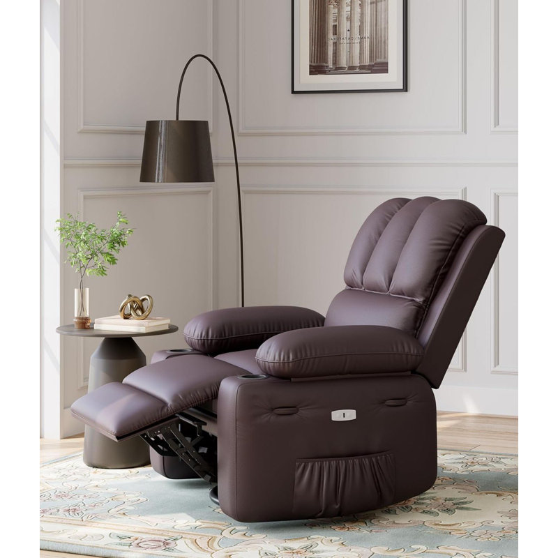 Leather Recliner Chair with 2 Cup Holders and Side Pocket, Coffee