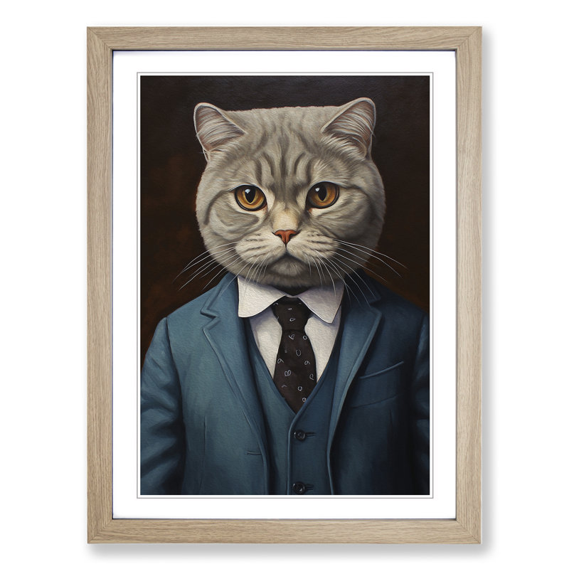 Cat In A Suit Painting No.4 - Single Picture Frame Print on Wood, Oak Framed, 64cm H x 46cm W x 2cm D
