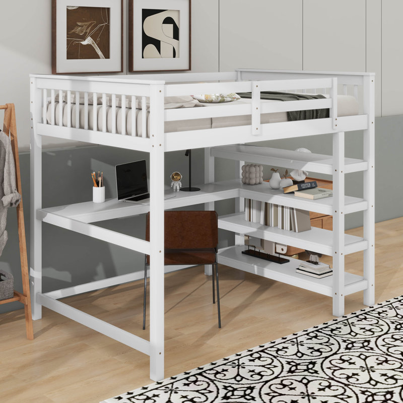Lit mezzanine double avec tablettes de rangement et bureau, Blanc