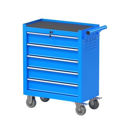 31.1'' Tool Box With 4 Rolling Wheels, 5-Drawer Metal Storage Chest (Blue)