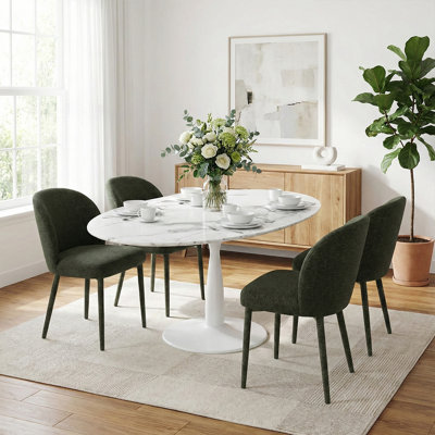 5-Piece Oval Faux Marble Dining Table Set With 4 Upholstered Dining Chairs, Modern Pedestal Kitchen Table Set For 4