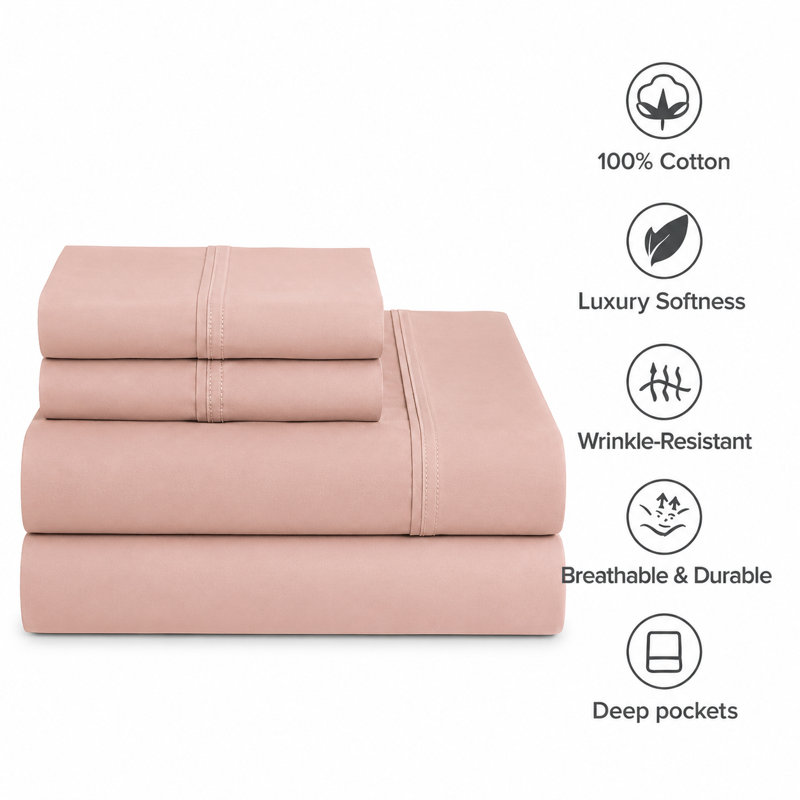 Milan Collection 1000 Thread Count 100% Cotton Sheet Set, Queen Sheet Set with 2 Pillowcases, Cameo Rose