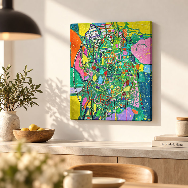 «Green Mosaic», art mural sur toile abstraite, H 14 po x l 11 po, Toile tendue avec châssis