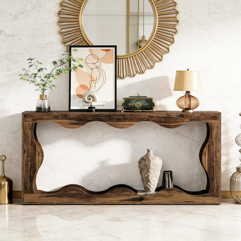 Table élégante en bois naturel aux ondulations ludiques, deux tables pour un rangement optimal, brun rustique, profondeur 163 cm, largeur 30 cm, hauteur 88,5 cm. Dynamisme visuel moderne et industriel pour une entrée.