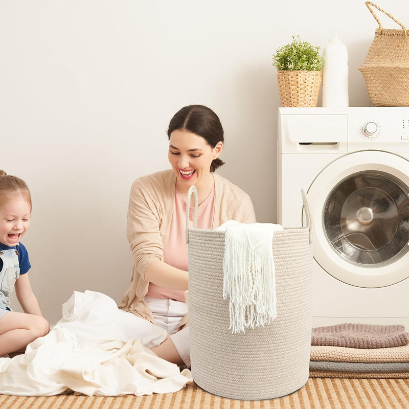 Tall Coiled Cotton Rope Storage Laundry Basket 15×20 Inch with Carry Handles