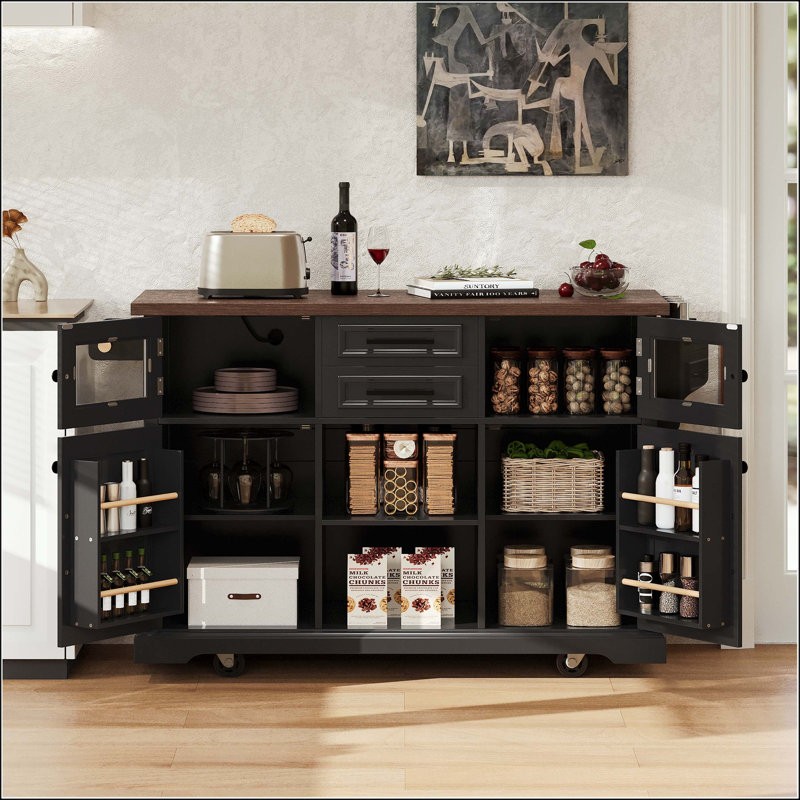Îlot de cuisine 54,9 po avec portes de grange en croix, porte vitrée, abattant et prise de courant, Black
