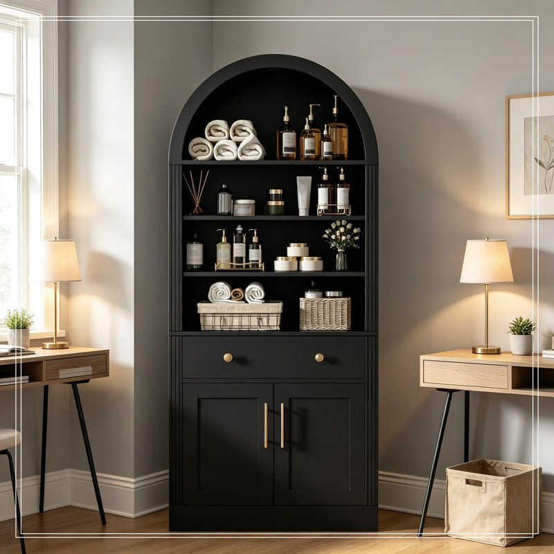 Bibliothèque arquée avec armoire de rangement, tiroir et tablettes réglables, Noir