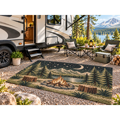 5' x 7' Outdoor Area Rug Night Campfire Moon Mountain Heavyweight Solid Waterproof PVC Coil Loop Carpet, Patio Rug Quick Dry Large Doormat Porch Balcony Entryway RV Camping