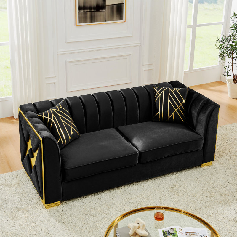Canapé Chesterfield 3 places avec coussins pour le salon, Noir