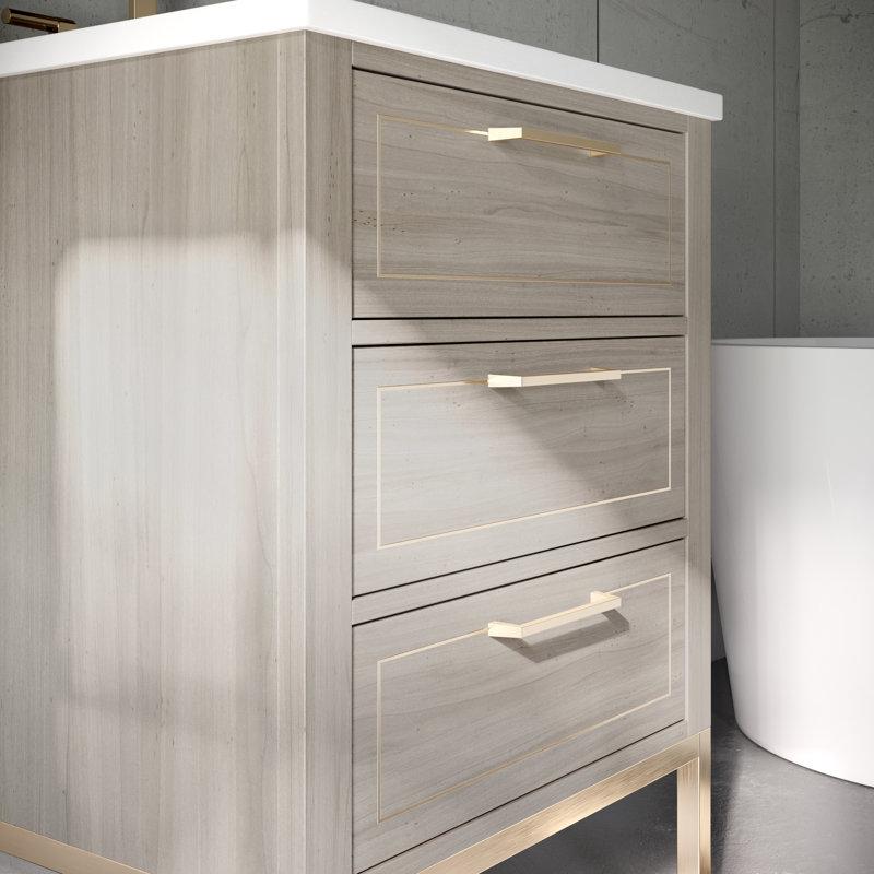 Markham 24'' W Single Vanity, Universal Calacatta Quartz, Cashmere Gray, Satin Brass