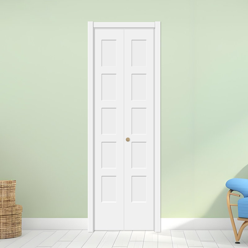 1-3/8" Door Thickenss Primed 5-panel Solid Core Shaker Bi-fold Door With Hardware, 30" x 80"