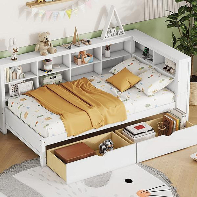 Wooden Twin Size Daybed With 2 Drawers, Daybed With Storage Shelf And USB Charging Ports,White(OLD SKU: N733S170510K), White