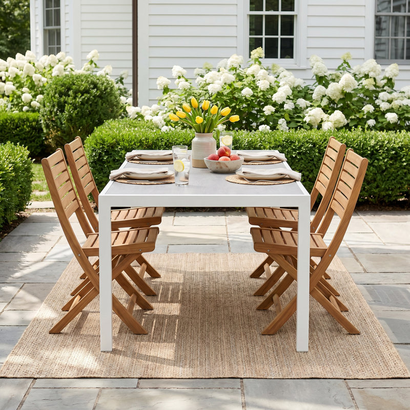 Deandra Rectangular Metal Outdoor Dining Table With Umbrella Hole , 82.75'' in. W 41.25'' in. D, Concrete, White